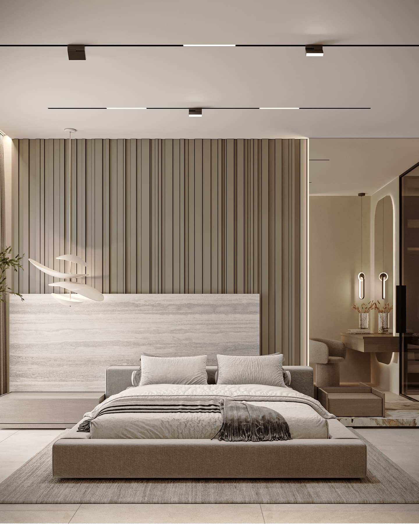 Chambre principale aux finitions en bois et travertin